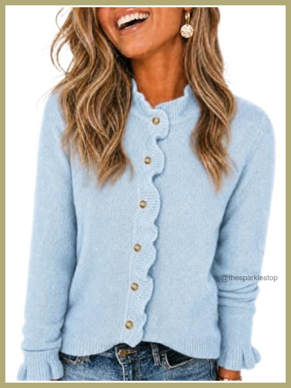 Ruffle Cardigan Sweater Button Down Knit Mock Neck Long Sleeve